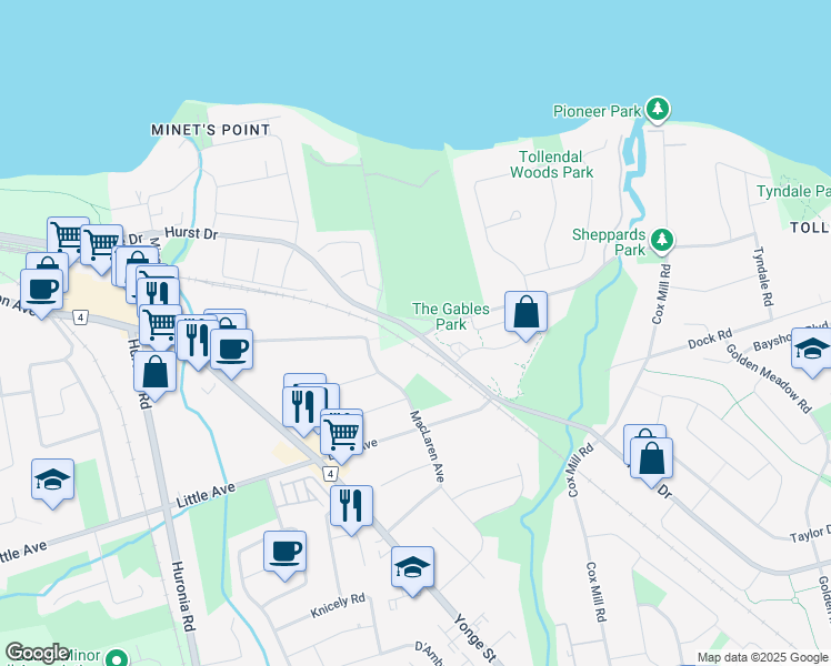 map of restaurants, bars, coffee shops, grocery stores, and more near 222 Hurst Drive in Barrie