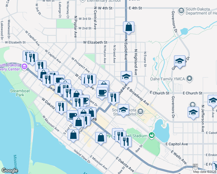 map of restaurants, bars, coffee shops, grocery stores, and more near 106 West Prospect Avenue in Pierre