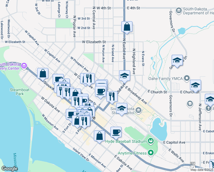 map of restaurants, bars, coffee shops, grocery stores, and more near 106 West Prospect Avenue in Pierre
