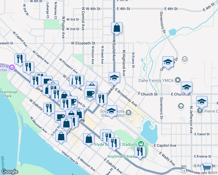 map of restaurants, bars, coffee shops, grocery stores, and more near 231 North Euclid Avenue in Pierre