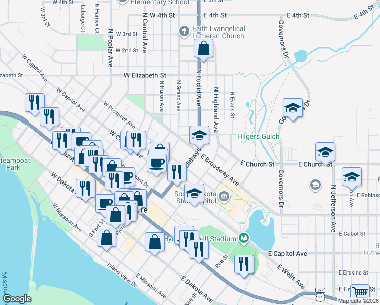 map of restaurants, bars, coffee shops, grocery stores, and more near 231 North Euclid Avenue in Pierre