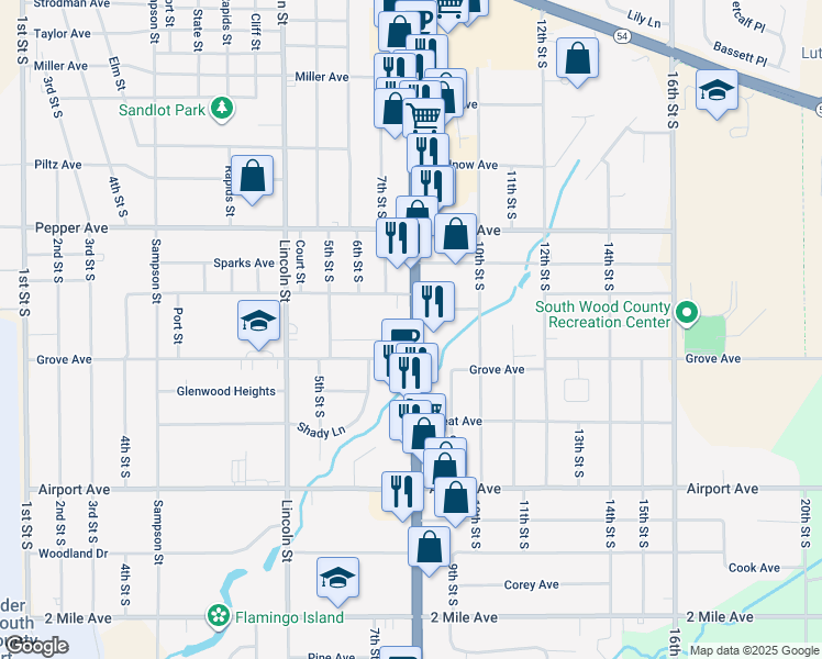 map of restaurants, bars, coffee shops, grocery stores, and more near 2737-2755 8th Street South in Wisconsin Rapids