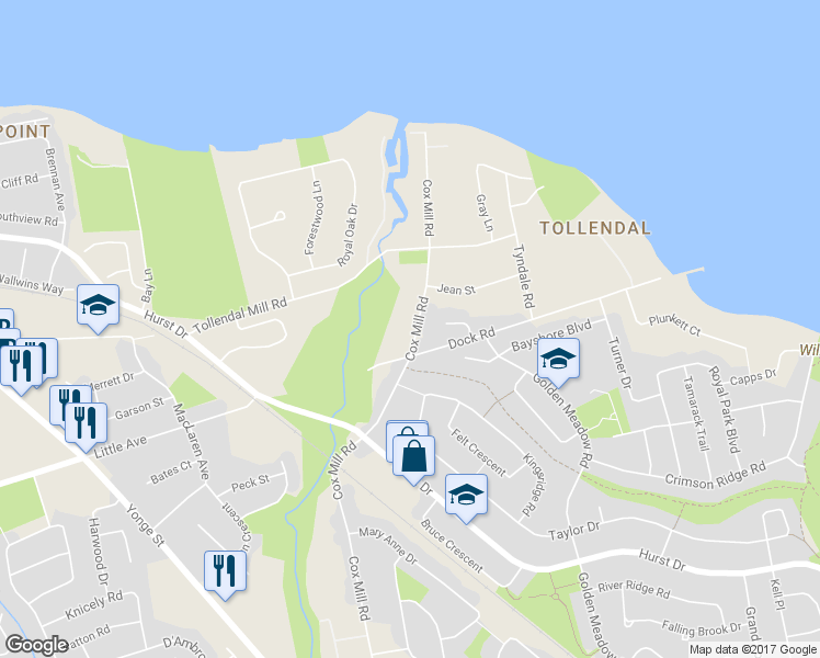 map of restaurants, bars, coffee shops, grocery stores, and more near 340 Cox Mill Road in Barrie