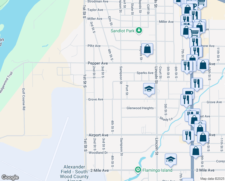 map of restaurants, bars, coffee shops, grocery stores, and more near 2730 4th Street South in Wisconsin Rapids