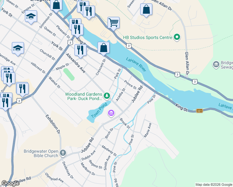 map of restaurants, bars, coffee shops, grocery stores, and more near 21 Albert Street in Bridgewater