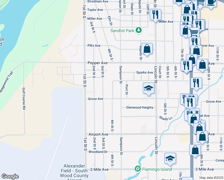 map of restaurants, bars, coffee shops, grocery stores, and more near 2730 4th Street South in Wisconsin Rapids