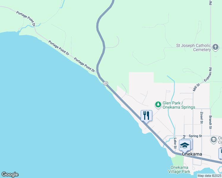 map of restaurants, bars, coffee shops, grocery stores, and more near 8750 Northwood Highway in Onekama