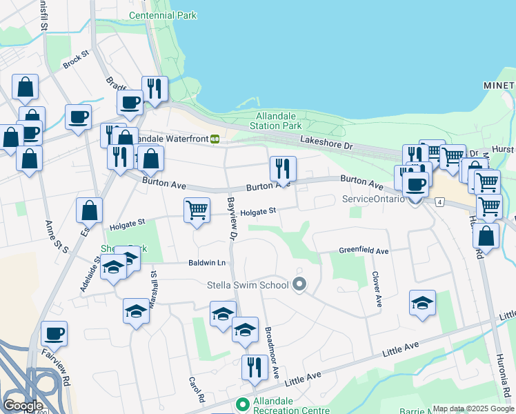 map of restaurants, bars, coffee shops, grocery stores, and more near 91 Holgate Street in Barrie