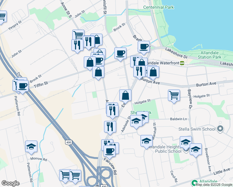 map of restaurants, bars, coffee shops, grocery stores, and more near 20 Centre Street in Barrie