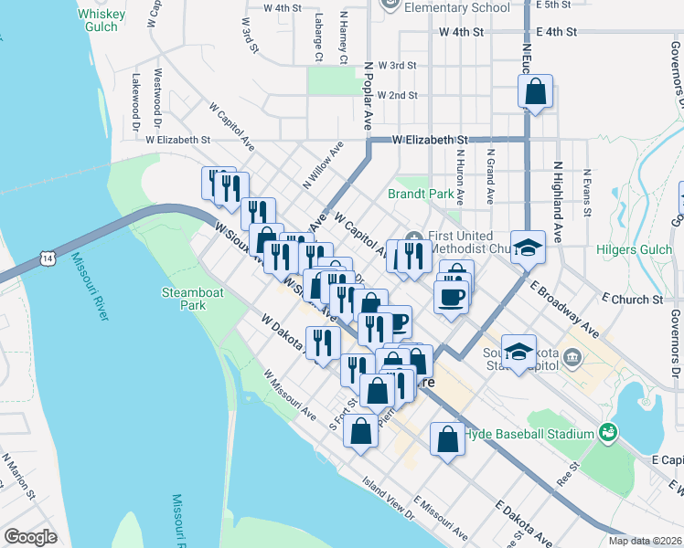 map of restaurants, bars, coffee shops, grocery stores, and more near 401 West Pleasant Drive in Pierre