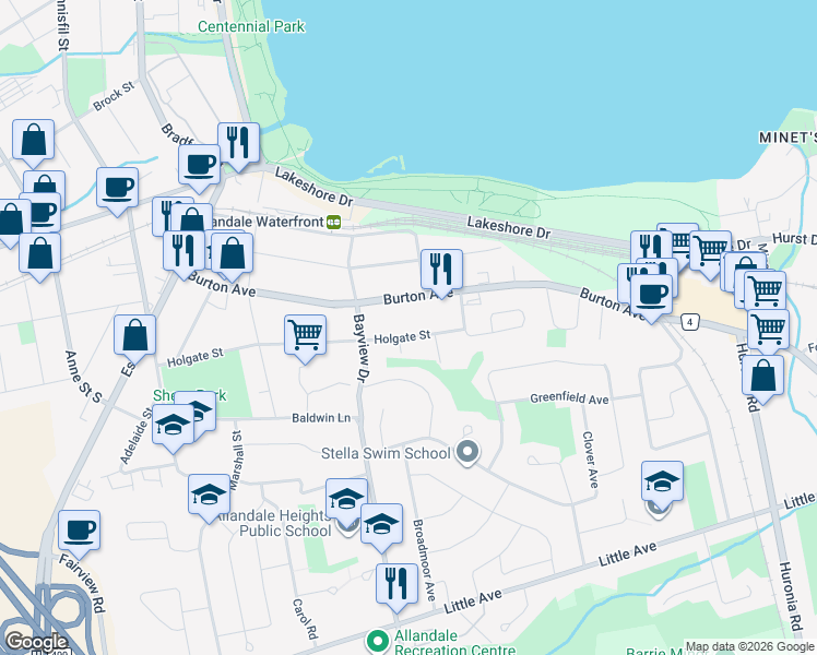 map of restaurants, bars, coffee shops, grocery stores, and more near 98 Holgate Street in Barrie