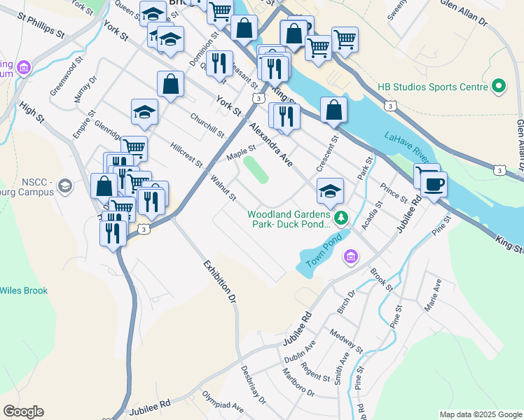 map of restaurants, bars, coffee shops, grocery stores, and more near 141 Crescent Street in Bridgewater