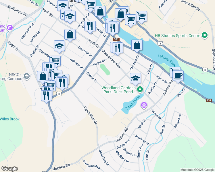 map of restaurants, bars, coffee shops, grocery stores, and more near 141 Crescent Street in Bridgewater