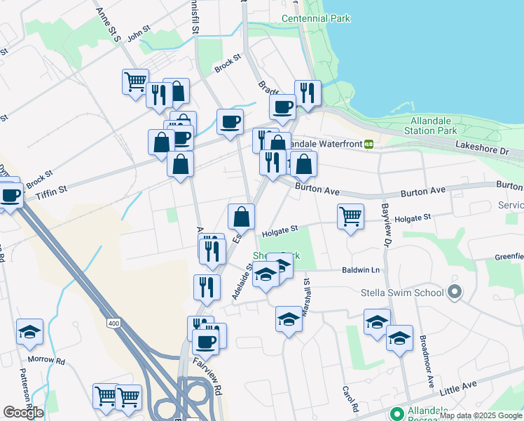 map of restaurants, bars, coffee shops, grocery stores, and more near 102 Essa Road in Barrie