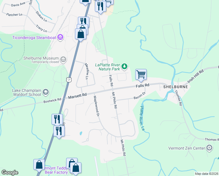 map of restaurants, bars, coffee shops, grocery stores, and more near 348 Marsett Road in Shelburne