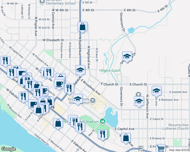 map of restaurants, bars, coffee shops, grocery stores, and more near East Church Street in Pierre