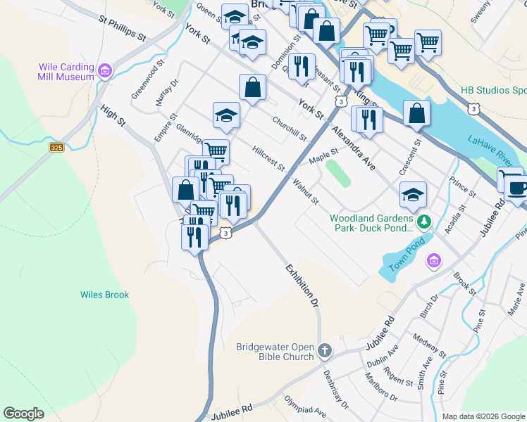 map of restaurants, bars, coffee shops, grocery stores, and more near Dufferin Street in Bridgewater