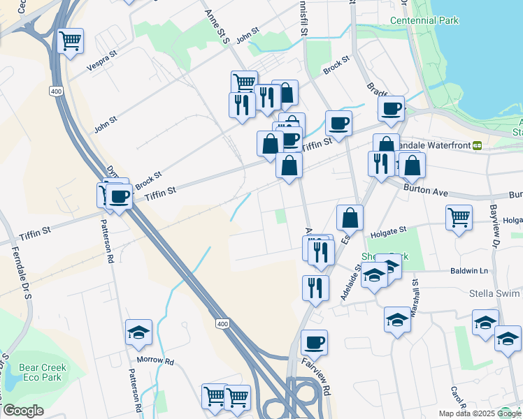 map of restaurants, bars, coffee shops, grocery stores, and more near 23 Alfred Street in Barrie