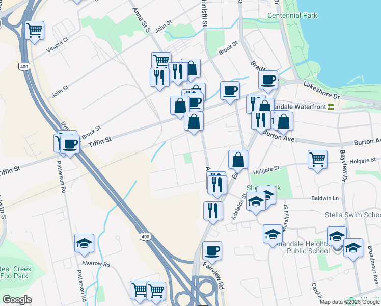 map of restaurants, bars, coffee shops, grocery stores, and more near Marcus Street in Barrie