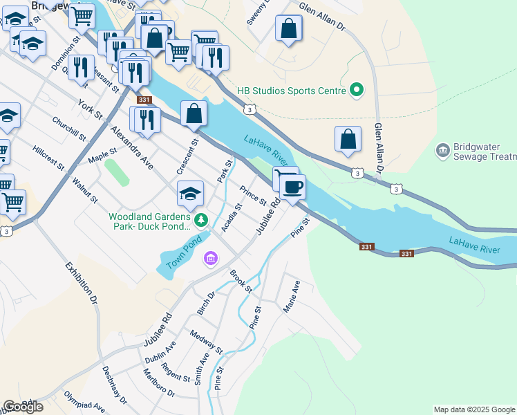 map of restaurants, bars, coffee shops, grocery stores, and more near 172 Prince Street in Bridgewater