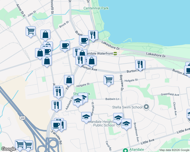 map of restaurants, bars, coffee shops, grocery stores, and more near 54 William Street in Barrie