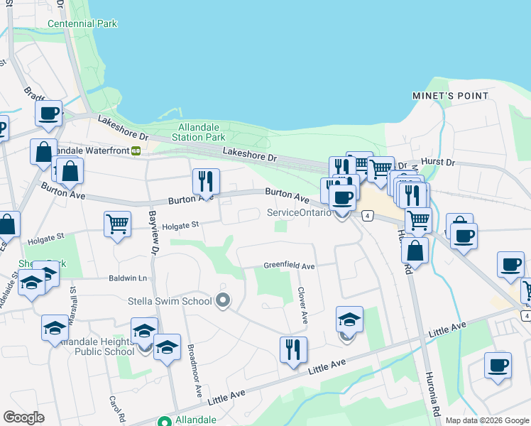 map of restaurants, bars, coffee shops, grocery stores, and more near 59 Frank's Way in Barrie