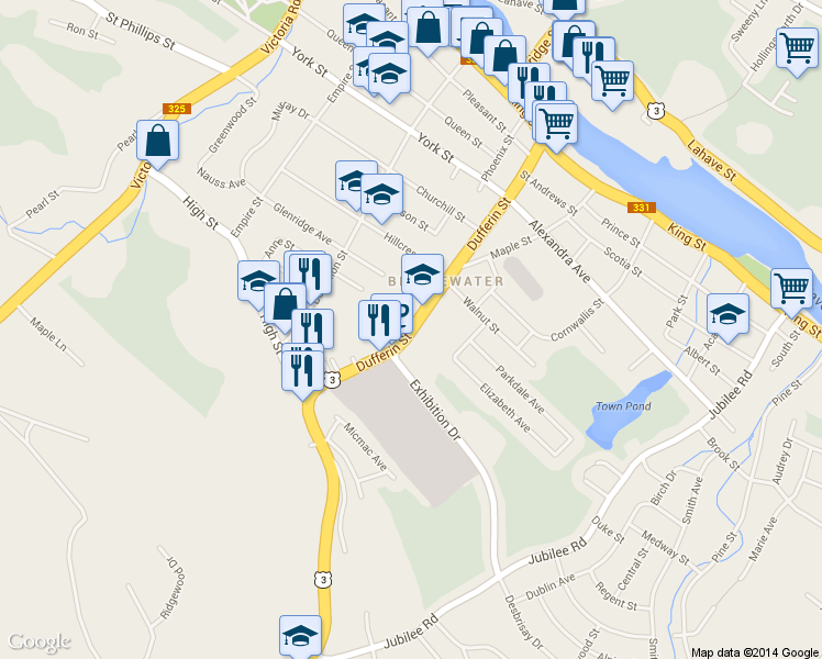 map of restaurants, bars, coffee shops, grocery stores, and more near 186 Dufferin Street in Bridgewater