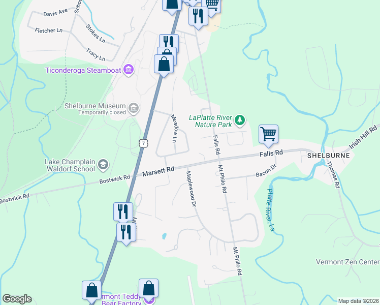 map of restaurants, bars, coffee shops, grocery stores, and more near 61 Timber Lane in Shelburne