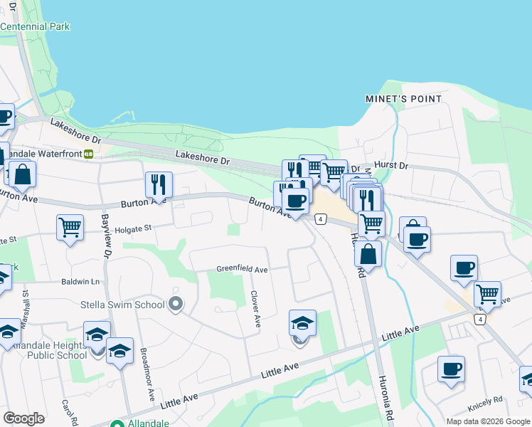 map of restaurants, bars, coffee shops, grocery stores, and more near 3 Peartree Court in Barrie