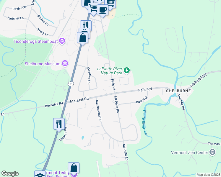 map of restaurants, bars, coffee shops, grocery stores, and more near 636 Falls Road in Shelburne