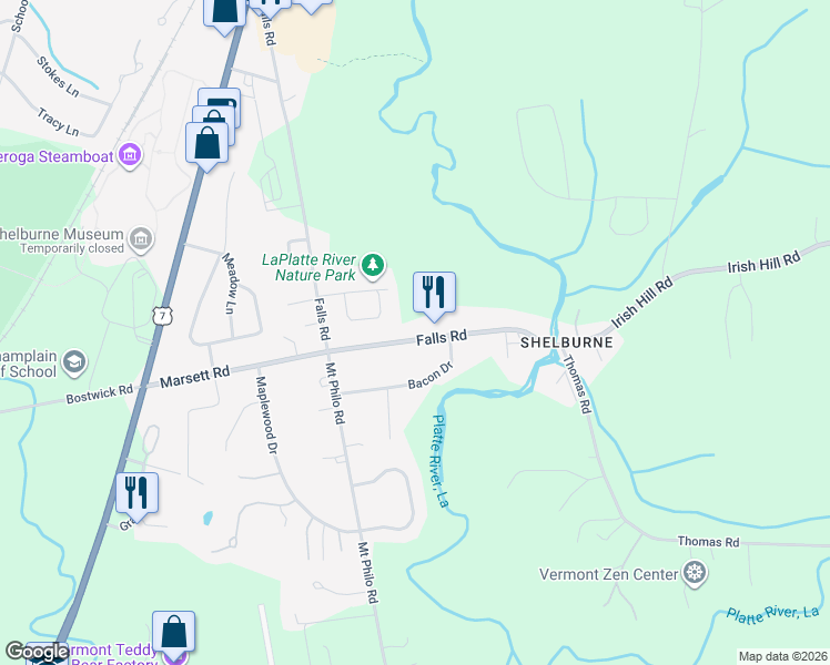 map of restaurants, bars, coffee shops, grocery stores, and more near 50 Brentwood Drive in Shelburne