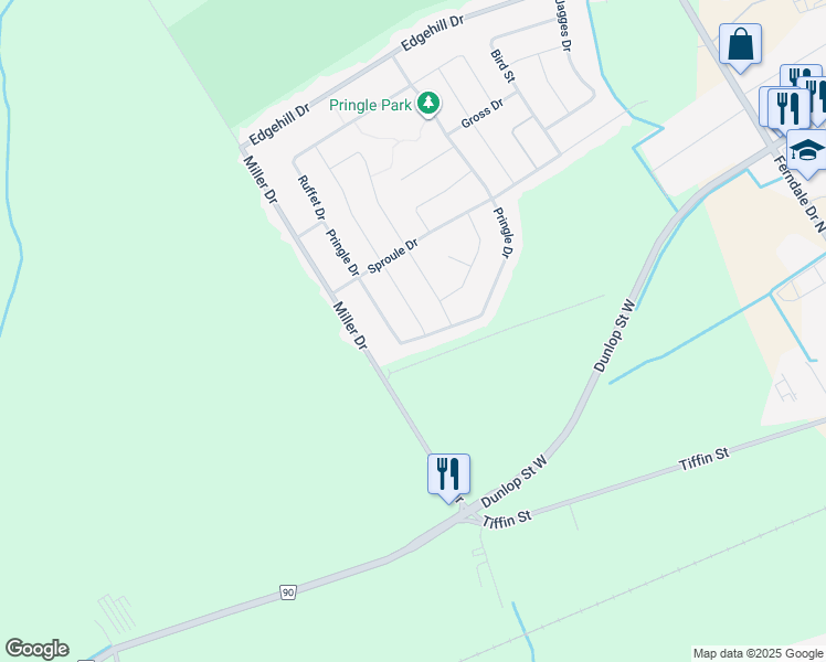 map of restaurants, bars, coffee shops, grocery stores, and more near 220 Pringle Drive in Barrie