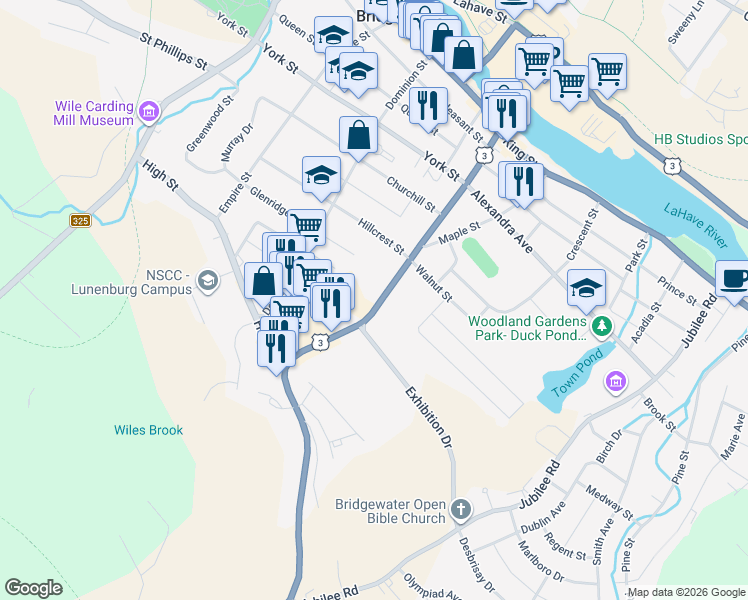 map of restaurants, bars, coffee shops, grocery stores, and more near 186 Dufferin Street in Bridgewater