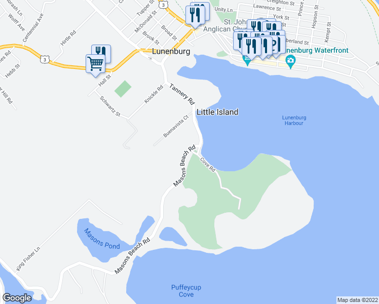 map of restaurants, bars, coffee shops, grocery stores, and more near 6 Masons Beach Road in Lunenburg
