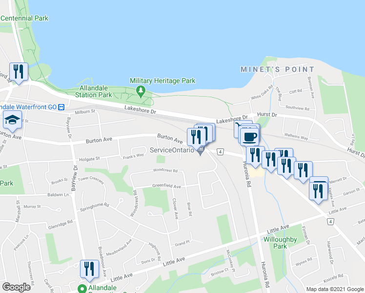 map of restaurants, bars, coffee shops, grocery stores, and more near 260 Burton Avenue in Barrie