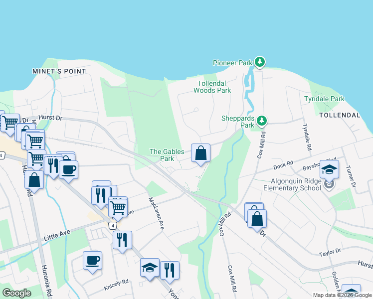 map of restaurants, bars, coffee shops, grocery stores, and more near 294 Tollendal Mill Road in Barrie