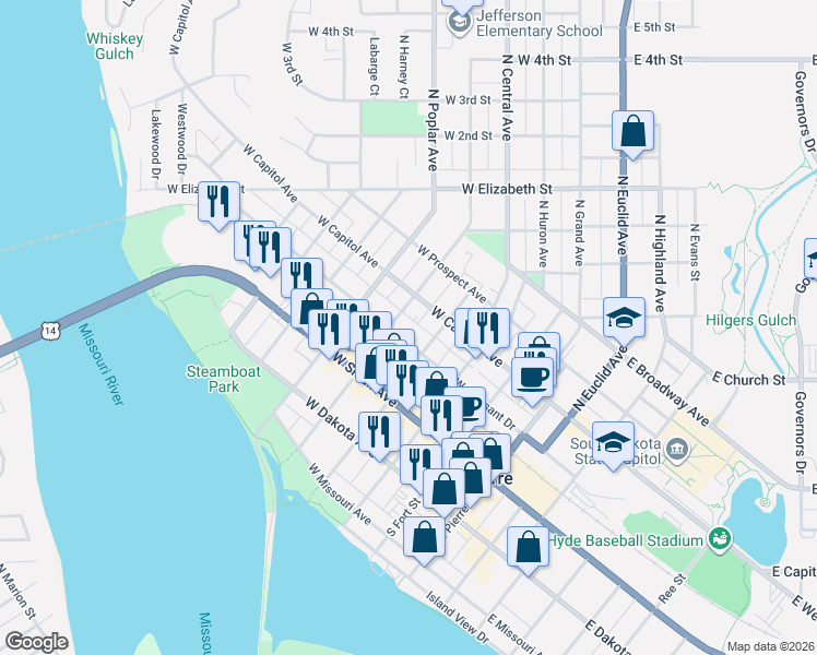 map of restaurants, bars, coffee shops, grocery stores, and more near S Oneida Ave in Pierre