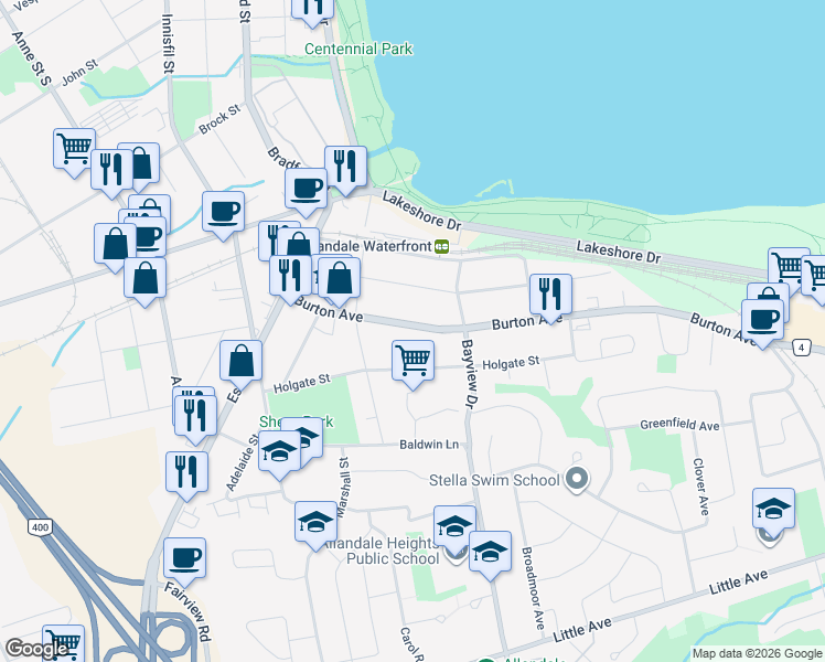 map of restaurants, bars, coffee shops, grocery stores, and more near 63 Burton Avenue in Barrie