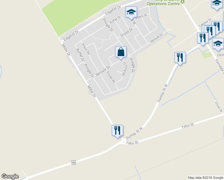 map of restaurants, bars, coffee shops, grocery stores, and more near 212 Pringle Drive in Barrie