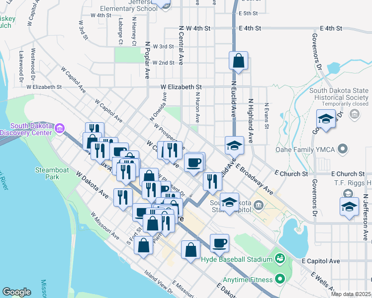 map of restaurants, bars, coffee shops, grocery stores, and more near 216 West Prospect Avenue in Pierre
