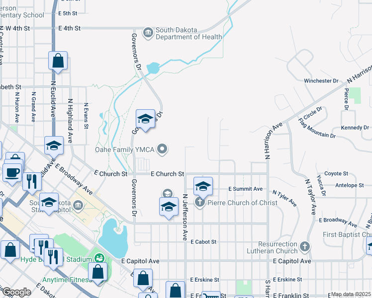map of restaurants, bars, coffee shops, grocery stores, and more near Capitol Hill Drive in Pierre