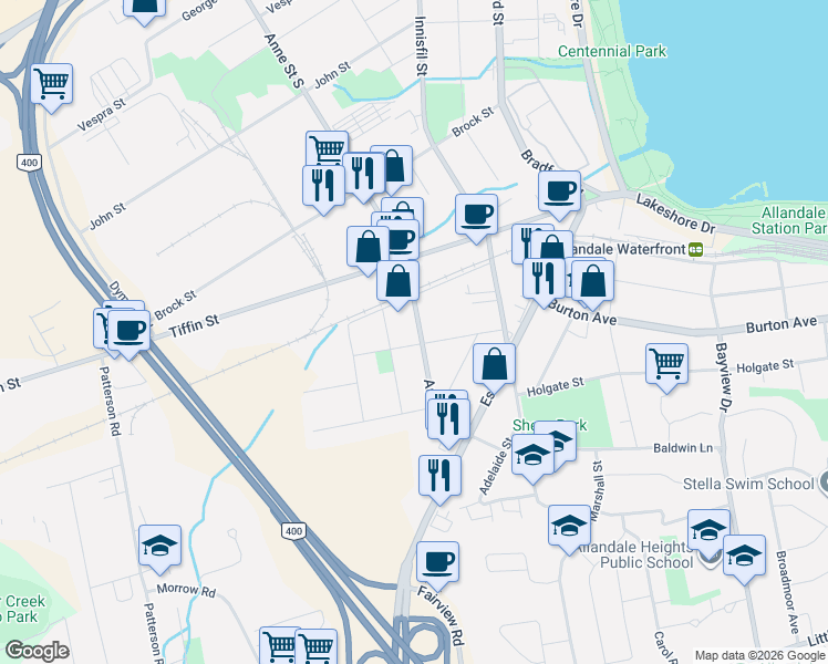 map of restaurants, bars, coffee shops, grocery stores, and more near in Barrie
