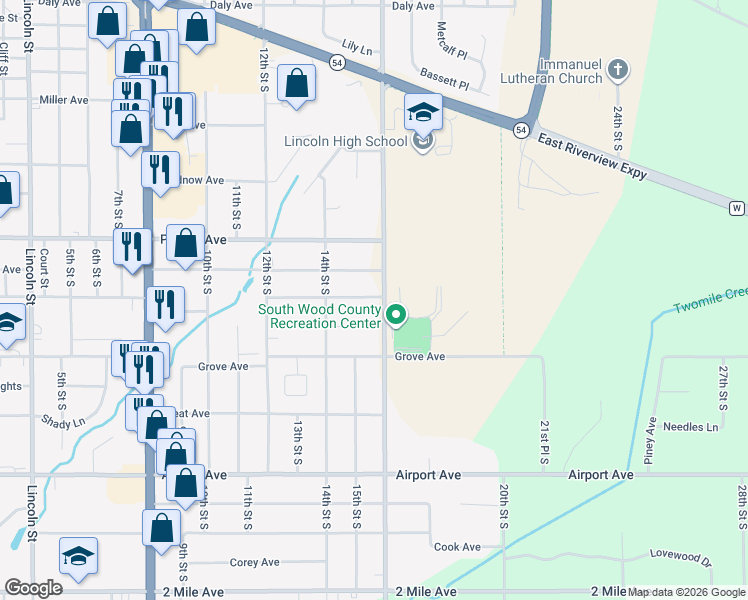 map of restaurants, bars, coffee shops, grocery stores, and more near 1511 Clyde Avenue in Wisconsin Rapids