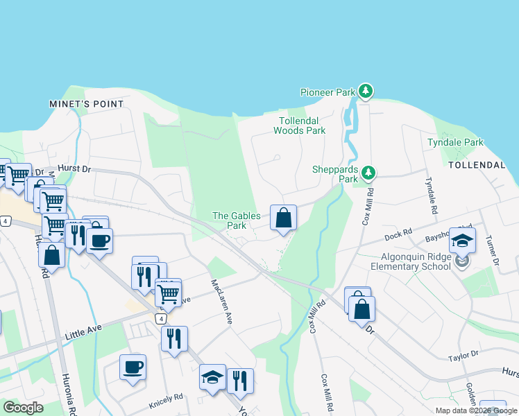 map of restaurants, bars, coffee shops, grocery stores, and more near 290 Tollendal Mill Road in Barrie