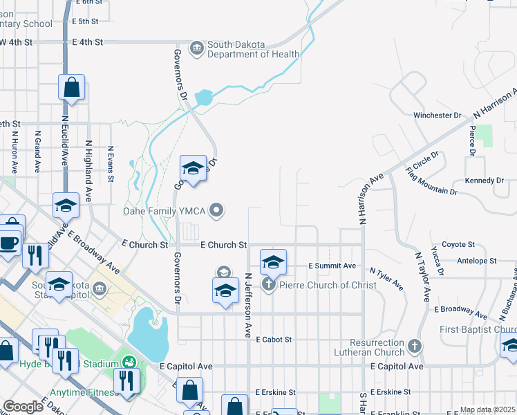map of restaurants, bars, coffee shops, grocery stores, and more near Capitol Hill Drive in Pierre