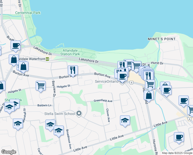 map of restaurants, bars, coffee shops, grocery stores, and more near in Barrie