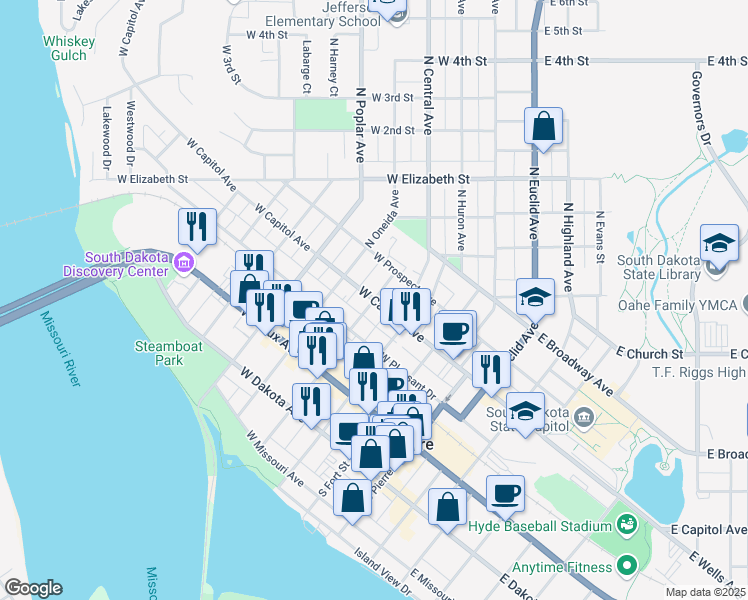 map of restaurants, bars, coffee shops, grocery stores, and more near W Capitol Ave & S Yankton Ave in Pierre