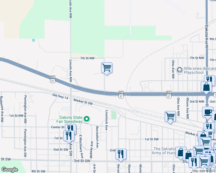 map of restaurants, bars, coffee shops, grocery stores, and more near 400-550 Arizona Avenue Northwest in Huron