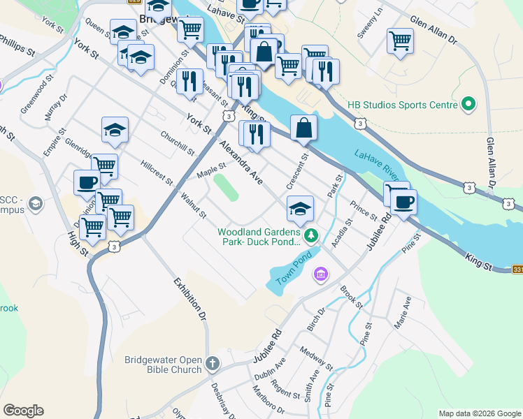 map of restaurants, bars, coffee shops, grocery stores, and more near 96 Crescent Street in Bridgewater