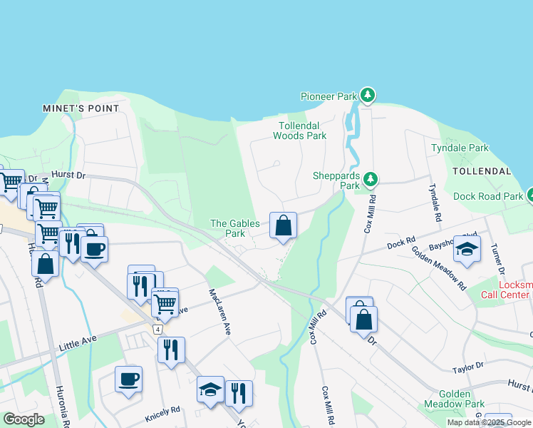 map of restaurants, bars, coffee shops, grocery stores, and more near 294 Tollendal Mill Road in Barrie